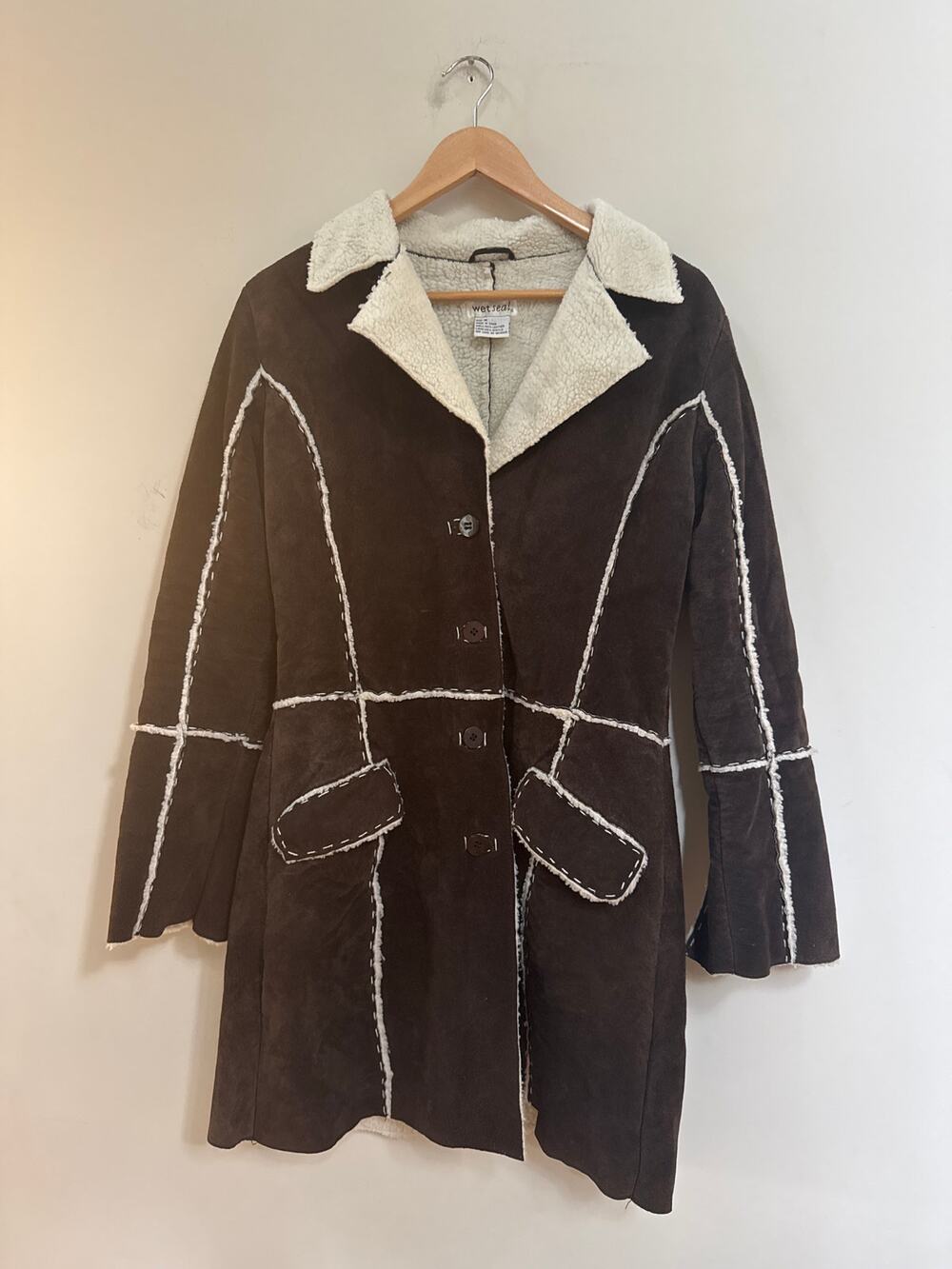 Vintage Y2K Wet Seal Chocolate Brown Suede Sherpa Lined Pennylane Trench Coat M